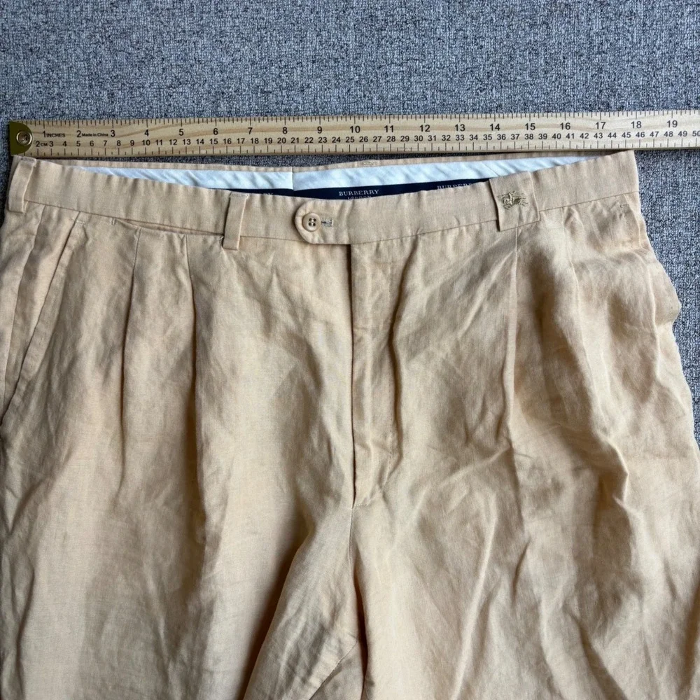 Burberry Pants Mens 36 Yellow Tan London Pleated Linen Straight Leg